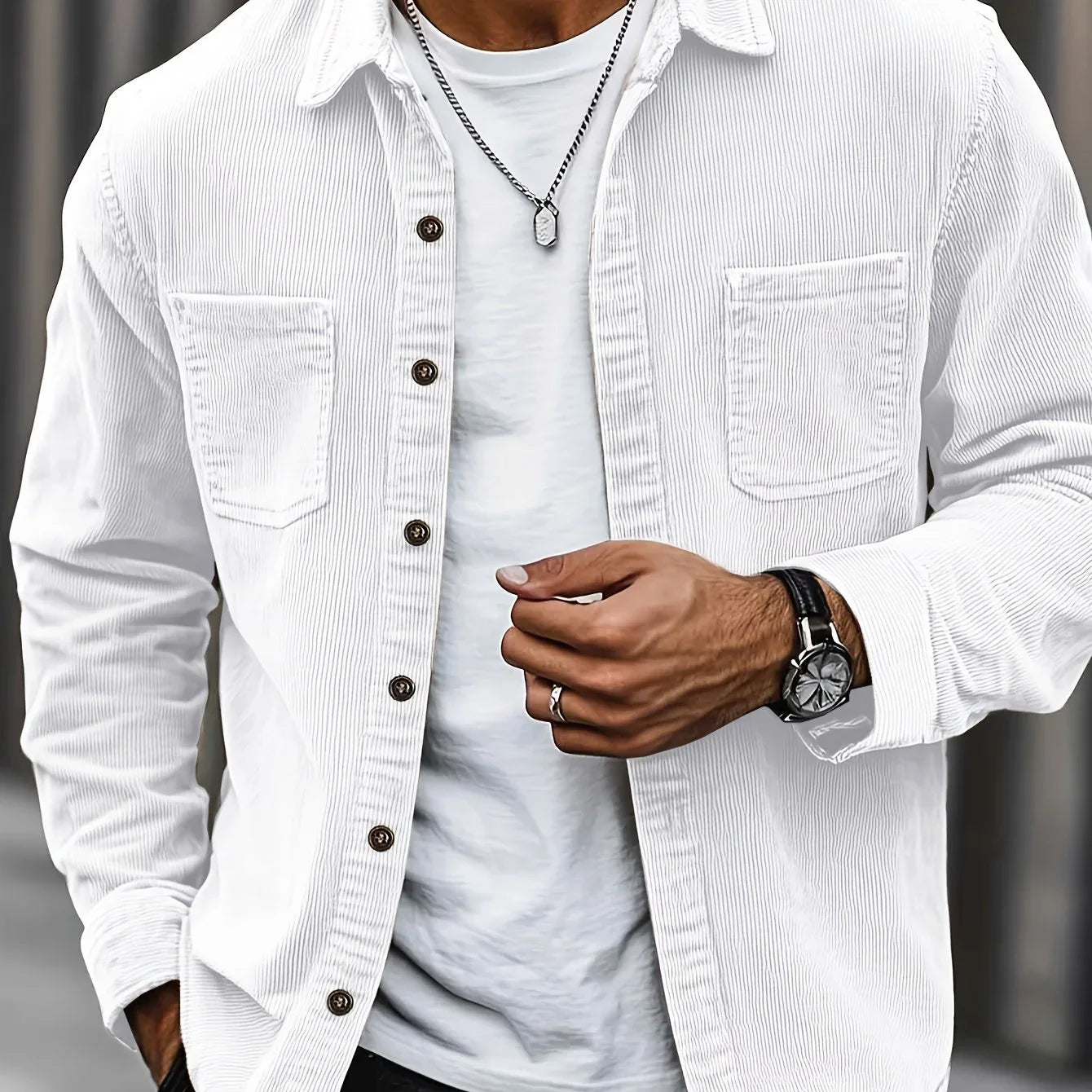 Men'S Corduroy Casual Shirt Jacket - Classic Collar, Button-Up Long Sleeve with Double Chest Pockets, Light Blue, Perfect for Spring & Fall, Everyday Fashion, Street Style, and Office Wear