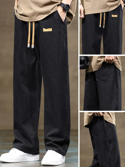 Men's Korean Style Light Blue Jeans 2025 Spring/Autumn New Washed Durable Comfortable Drawstring Straight-Leg Pants, Stylish and Versatile Casual Trousers Suitable for All Seasons by Gengyuan
