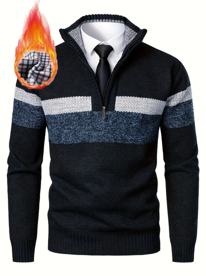 Men'S Color-Blocked Stand Collar Thickened Knitted Pullover Sweater