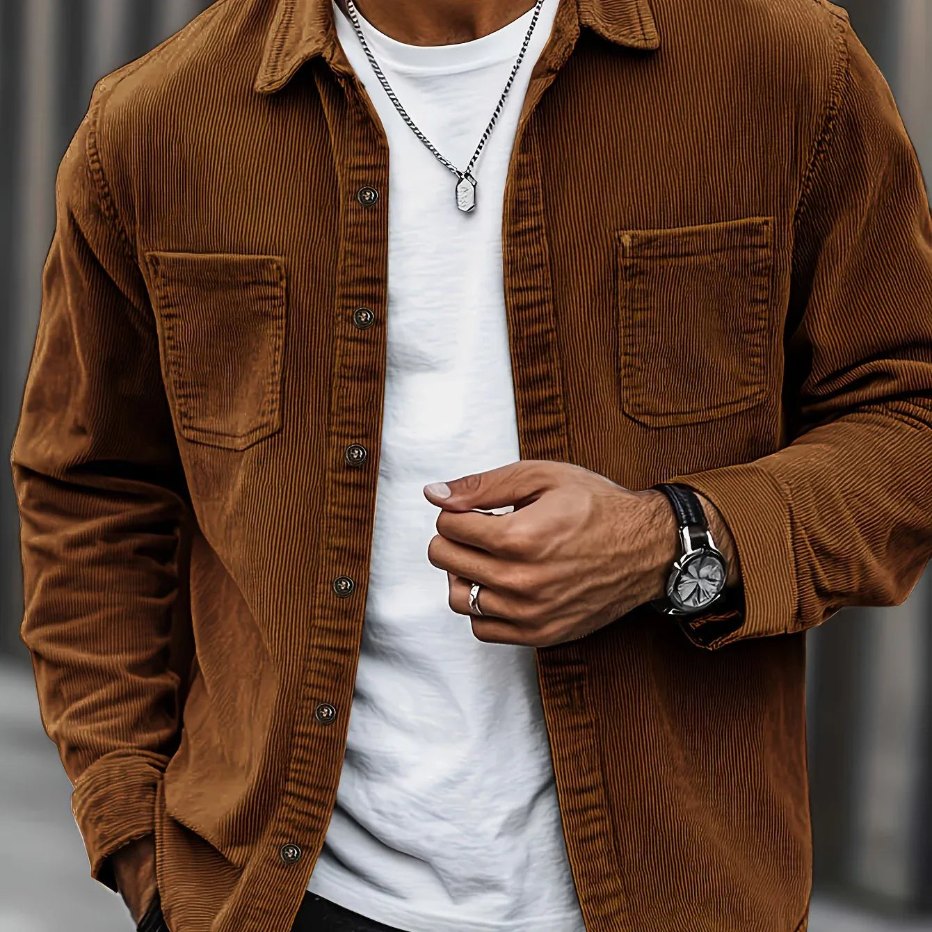 Men'S Corduroy Casual Shirt Jacket - Classic Collar, Button-Up Long Sleeve with Double Chest Pockets, Light Blue, Perfect for Spring & Fall, Everyday Fashion, Street Style, and Office Wear