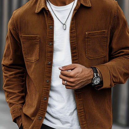 Men'S Corduroy Casual Shirt Jacket - Classic Collar, Button-Up Long Sleeve with Double Chest Pockets, Light Blue, Perfect for Spring & Fall, Everyday Fashion, Street Style, and Office Wear