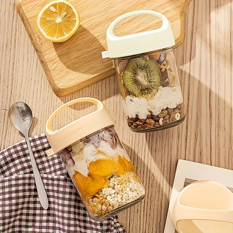 Glass Yogurt Cup with a Wide Mouth, Sealed Jar for Overnight Oats, Smoothie Cup, And a Breakfast Cup for Grains with a Spoon.