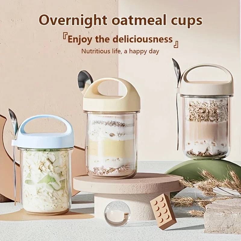 Glass Yogurt Cup with a Wide Mouth, Sealed Jar for Overnight Oats, Smoothie Cup, And a Breakfast Cup for Grains with a Spoon.