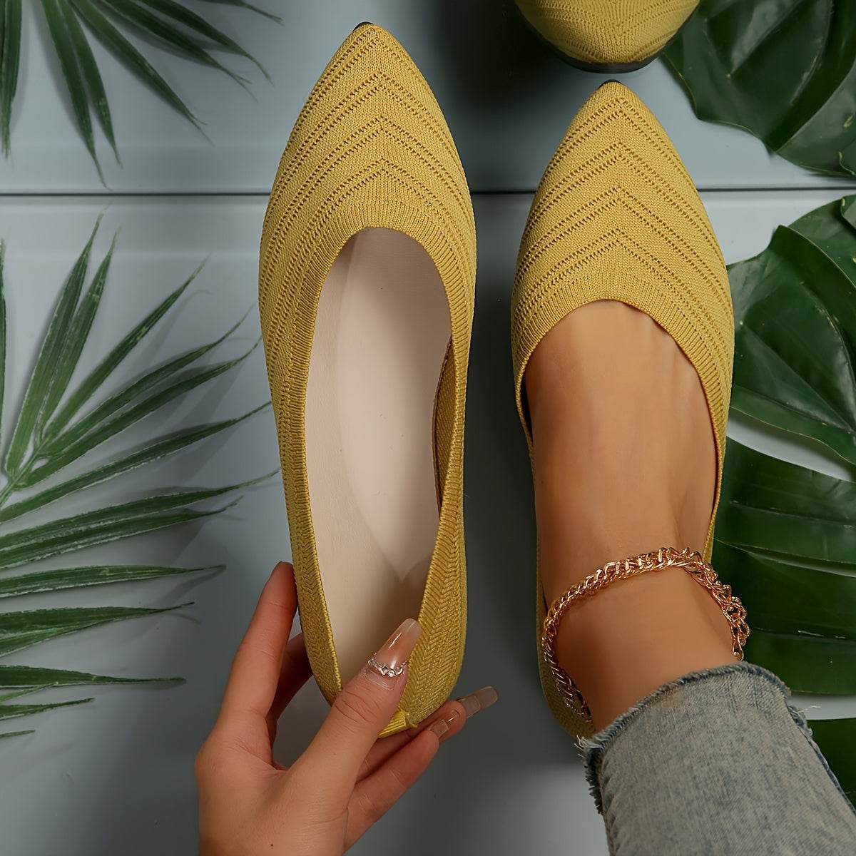 [Pointed Toe Breathable Flats] Women's Pointed Toe Flat Shoes, Solid Color Knitted Slip On Shoes, Casual Breathable Ballet Flats - Montero Milan