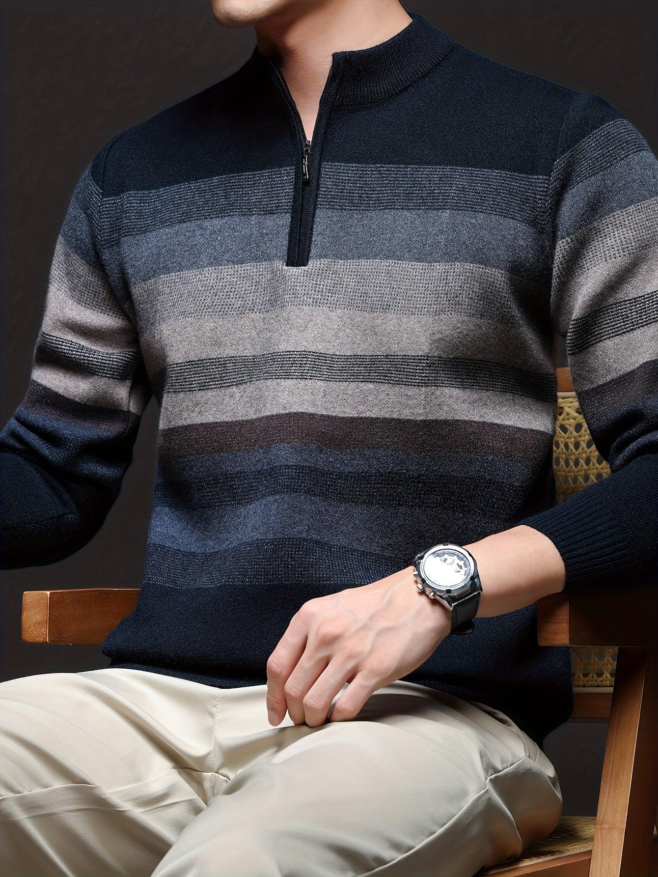 Men's Heavyweight Striped Mandarin Collar Zipper Sweater Jacket - Half-Zip Winter Knit Coat with Fish Tail Hem, Multi-Color (Navy/Beige/Tan/Brown/) for Casual, Outdoor & Holiday Events - Hand Washable Warm Blazer