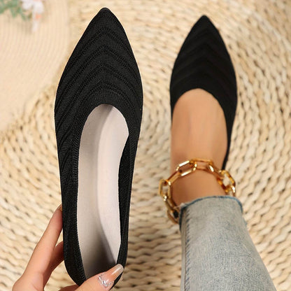 [Pointed Toe Breathable Flats] Women's Pointed Toe Flat Shoes, Solid Color Knitted Slip On Shoes, Casual Breathable Ballet Flats - Montero Milan