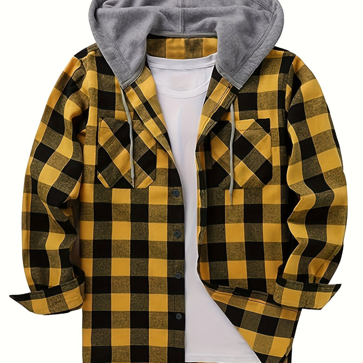 Men's Fashion Hooded Plaid Trendy Shirt Hooded Plaid Sweatshirt, Autumn/Winter Essentials, New Season - Bright Yellow / NZ 36