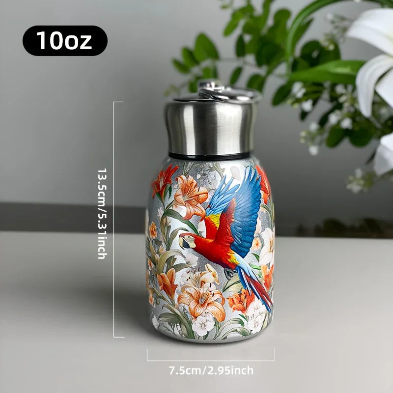 1pc Stainless Steel Vacuum Insulated Tumbler with Bird/Parrot/Leopard Pattern, 10oz Leak-Proof Travel Mug, Glossy Finish, Portable Handle, Artistic Drinkware, Perfect for Outdoor, Gym, Office, Ideal Holiday Gift for Christmas