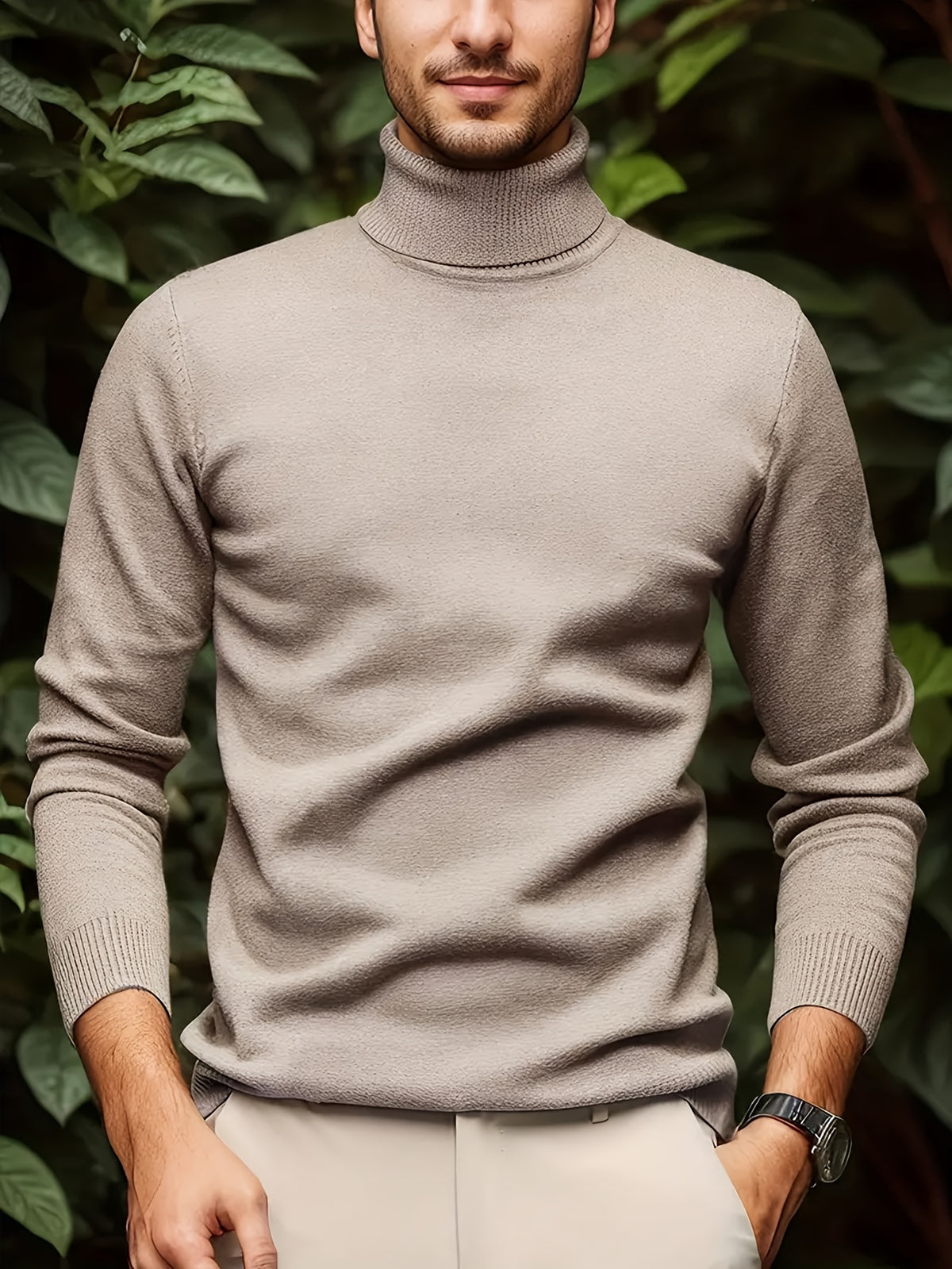 Cross-border New Autumn-Winter Men's Solid Color Turn- Collar Pullover Knit Sweater