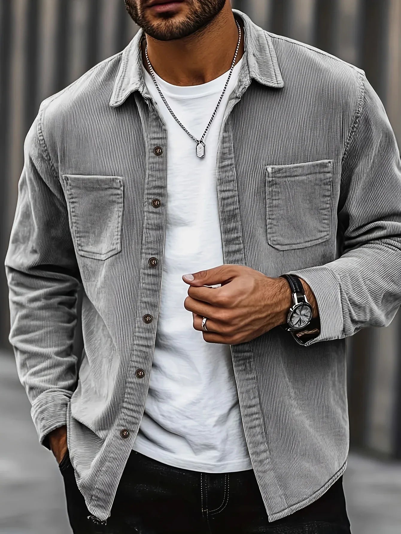 Men'S Corduroy Casual Shirt Jacket - Classic Collar, Button-Up Long Sleeve with Double Chest Pockets, Light Blue, Perfect for Spring & Fall, Everyday Fashion, Street Style, and Office Wear