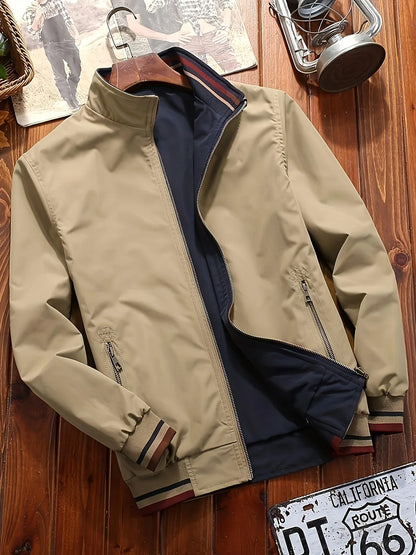 Men's Zip-Up Jacket with Stand Collar - Front Zipper Closure, Beige/ Navy Color Block, Lightweight Polyester Outer Coat for Casual & Formal Events - Machine Washable Everyday Outerwear