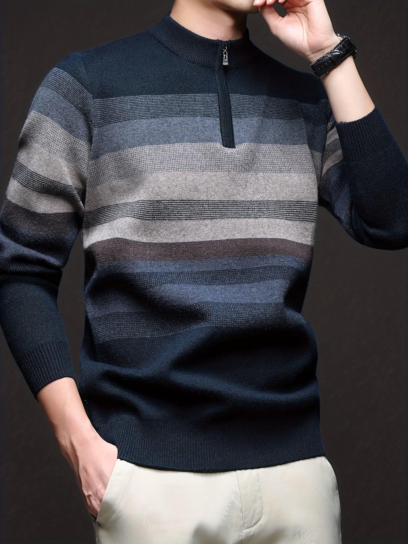 Men's Heavyweight Striped Mandarin Collar Zipper Sweater Jacket - Half-Zip Winter Knit Coat with Fish Tail Hem, Multi-Color (Navy/Beige/Tan/Brown/) for Casual, Outdoor & Holiday Events - Hand Washable Warm Blazer