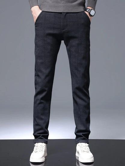 Men's Slim-Fit Plaid Casual Pants - Stretchy, Warm Fleece-Lined for Fall/Winter, Machine Washable