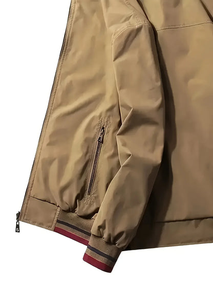 Men'S All-Season Casual Double-Sided Zip-Up Jacket with Stand Collar - Relaxed Fit Olive Green & Navy Blue Two-Tone Design, Front Zipper Closure, Functional Pockets, Durable Fabric for Casual Attire, Lightweight Layering, Mod