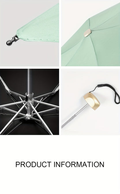 Compact 6-Rib Mini Folding Umbrella - Lightweight Durable Aluminum Alloy Handle & Frame, Manual Open/Close, Stylish Portable Design for Sun & Rain, Available in Pink, Blue, White, Gray - Cute Rain Gear with PVC Umbrella