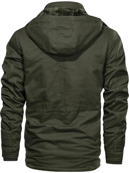 Men'S Thickened Warm Mid-Length Heavyweight Jacket with Detachable Hood - Multiple Zippered Pockets, Casual Outdoor Workwear, Polyester Lined, Button-Up Front, Regular Fit for Cold Weather, Winter Outerwear | Functional Desig