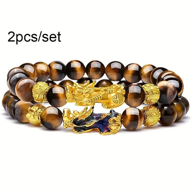2 Pieces Natural Tiger Eye Stone Pixiu Charm Good Luck Bracelet for Men - Montero Milan