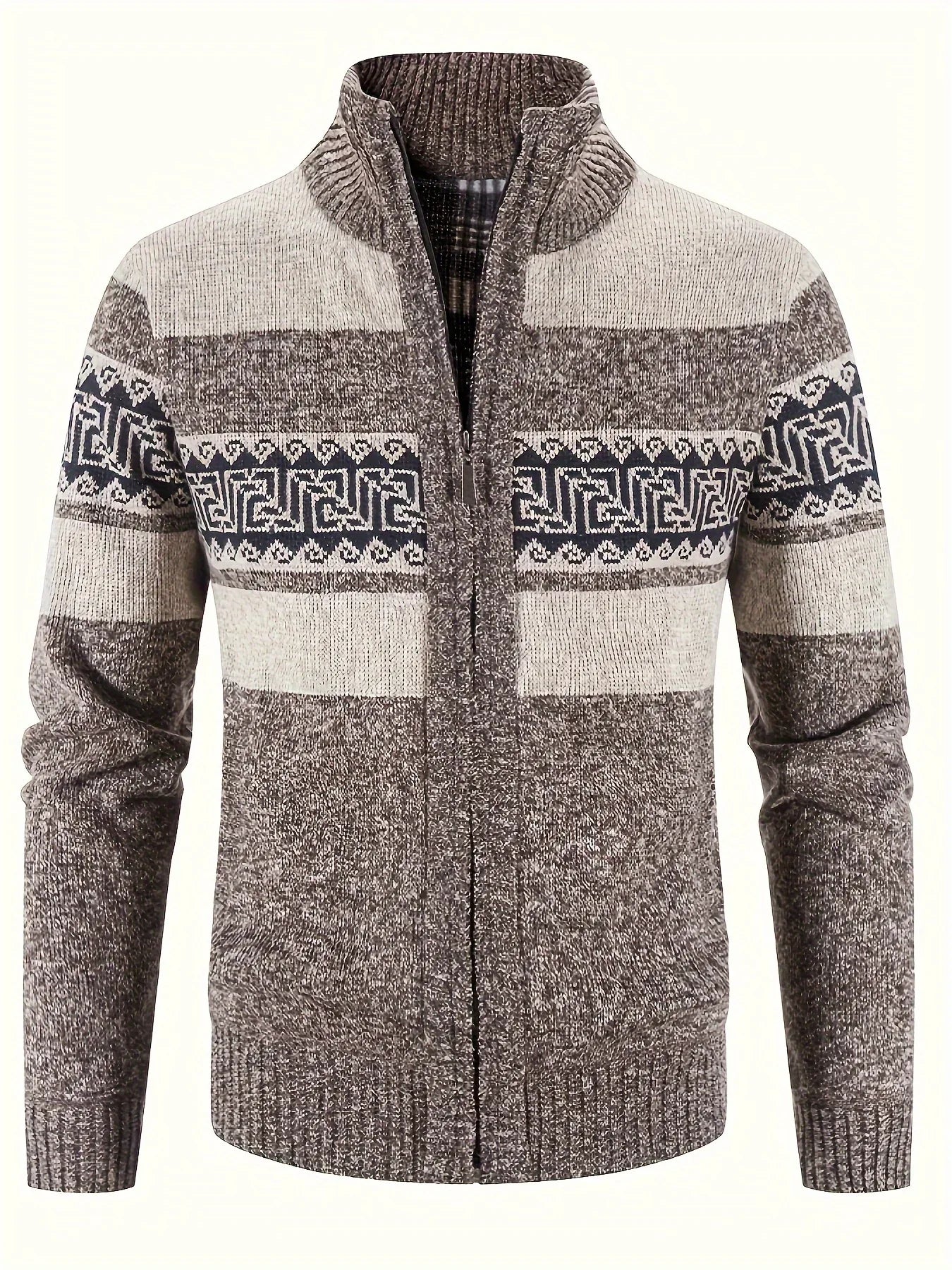 Men's Thermal Fleece-Lined Sport Knit Sweater with Zipper Pockets - Ethnic Wave Pattern, Stand Collar, Long Sleeve for Hiking, Cycling & Casual Winter Wear - Father’s Day Gift, Winter Knit Fabric