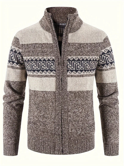 Men's Thermal Fleece-Lined Sport Knit Sweater with Zipper Pockets - Ethnic Wave Pattern, Stand Collar, Long Sleeve for Hiking, Cycling & Casual Winter Wear - Father’s Day Gift, Winter Knit Fabric