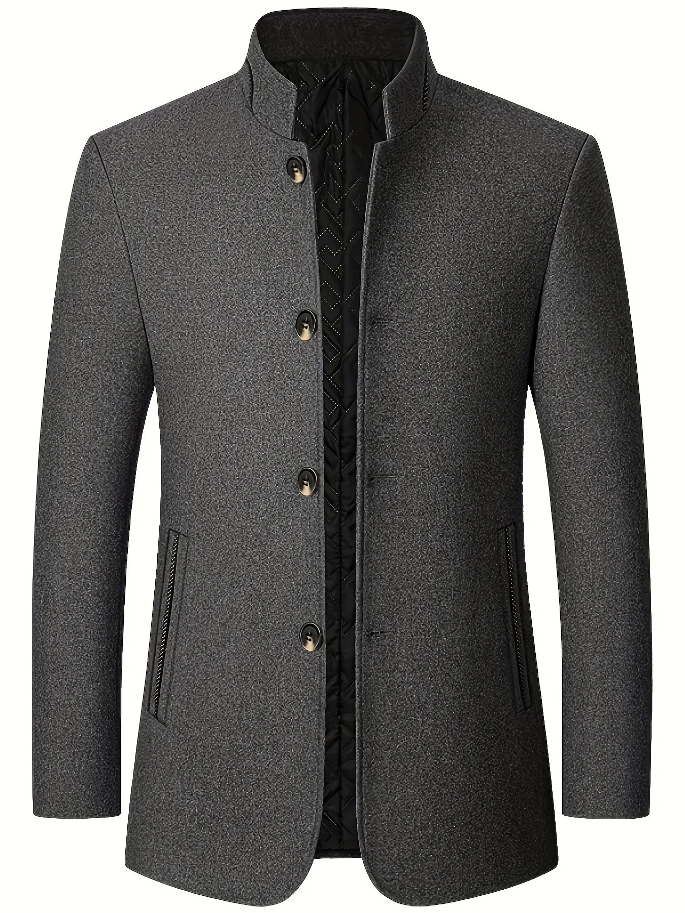 Men's Tweed Jacket with Stand Collar - Winter Warm Casual Coat, Single-Breasted Button Front & Pockets, Solid Color Tweed Fabric (Hand Washable) for Outdoor, Office, Smart-Casual - Versatile Cold-Weather Outerwear