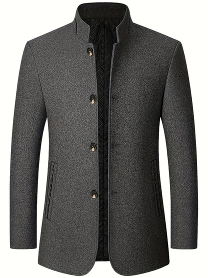 Men's Tweed Jacket with Stand Collar - Winter Warm Casual Coat, Single-Breasted Button Front & Pockets, Solid Color Tweed Fabric (Hand Washable) for Outdoor, Office, Smart-Casual - Versatile Cold-Weather Outerwear