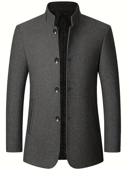 Men's Tweed Jacket with Stand Collar - Winter Warm Casual Coat, Single-Breasted Button Front & Pockets, Solid Color Tweed Fabric (Hand Washable) for Outdoor, Office, Smart-Casual - Versatile Cold-Weather Outerwear