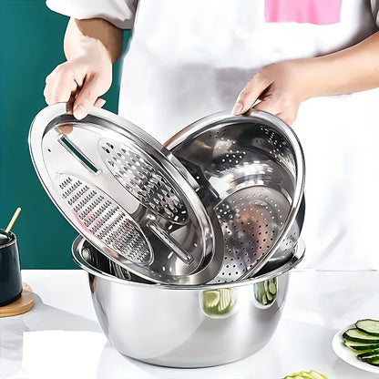 Montero Milan 3pcs HEROBABY Stainless Steel Kitchen Prep Set with Integrated Grinder, Multifunctional Filter & Mixing Bowl - Heavy-Duty 201 Grade Dishwasher- Drainage System for Slicing, Chopping Fruits, Vegetables, Cheese (All-in-One