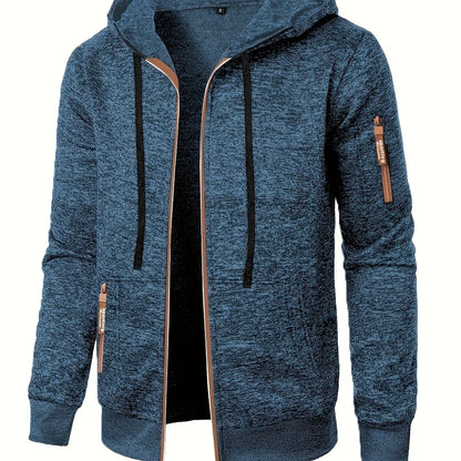 Men'S Hooded Zip-Up Sweater Jacket - Long Sleeve Thin Fleece-Lined Casual Outerwear with Front Pockets, Solid Black, Regular Fit for Fall & Winter, Autumn Winter Apparel | Hooded Sweater | Zippered Jacket, Knit, Men Hoodie Zi