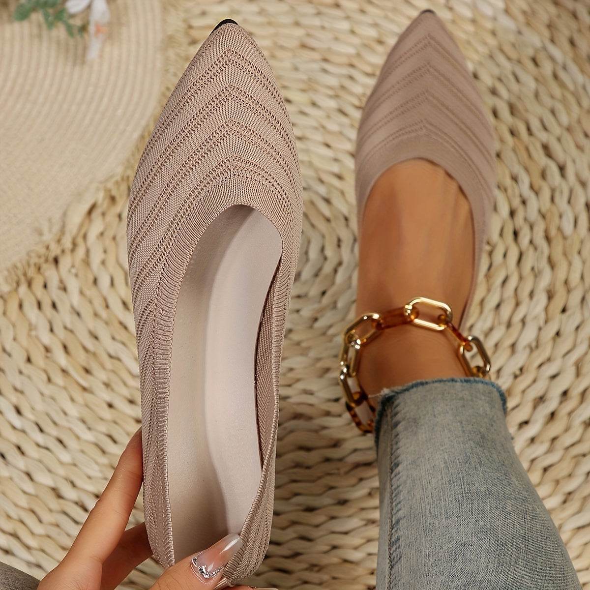 [Pointed Toe Breathable Flats] Women's Pointed Toe Flat Shoes, Solid Color Knitted Slip On Shoes, Casual Breathable Ballet Flats - Montero Milan