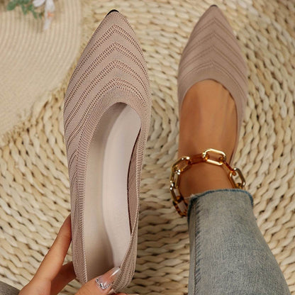 [Pointed Toe Breathable Flats] Women's Pointed Toe Flat Shoes, Solid Color Knitted Slip On Shoes, Casual Breathable Ballet Flats - Montero Milan