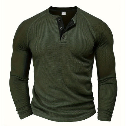 Men'S Long Sleeve T-Shirt Round Neck Open Style Pullover Henley Shirt Men'S Solid Color Fashion Versatile Top - fern green / NZ 36