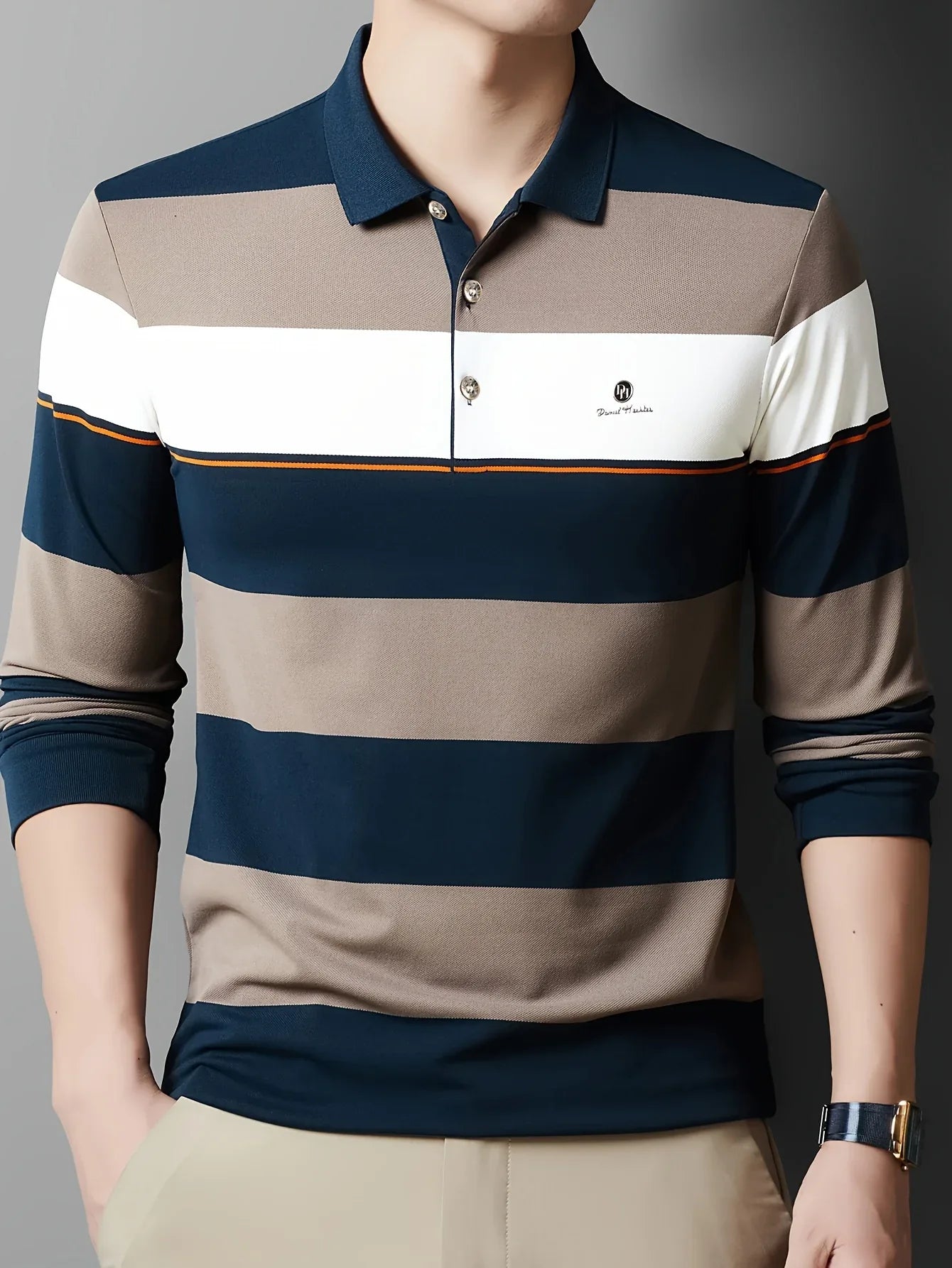 Men'S Long Sleeve Shirt - Formal & Casual Button-Up Shirt with Dark Green & Beige Horizontal Stripes, Button-Front Placket, Non-Stretch Fabric for Office, Golf, Casual Attire - Spring/Fall Wardrobe Essential, Spring Fashion,