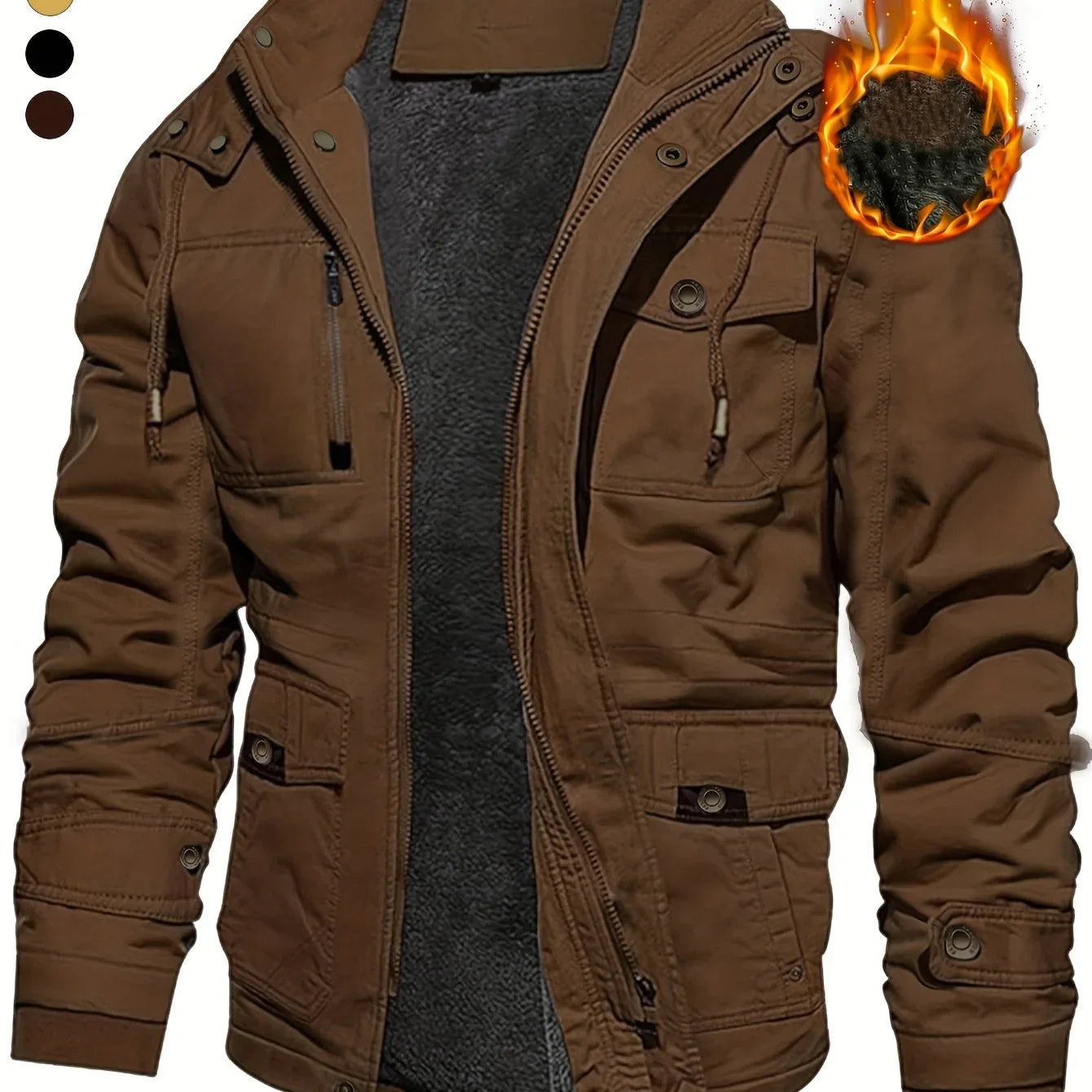 Men'S Thickened Warm Mid-Length Heavyweight Jacket with Detachable Hood - Multiple Zippered Pockets, Casual Outdoor Workwear, Polyester Lined, Button-Up Front, Regular Fit for Cold Weather, Winter Outerwear | Functional Desig