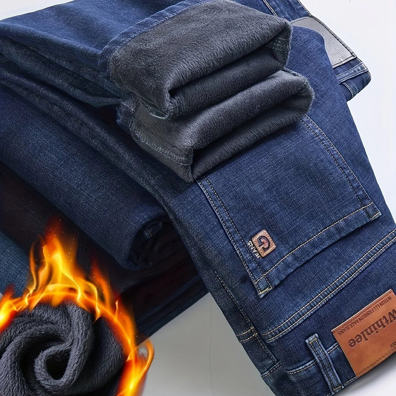 Men'S Heavy-Duty Thermal Faux Denim - Winter Warmth Thickened Pants with Straight-Leg Fit, Classic Blue Washed Look for Work, Casual & Formal Outfits - Non-Stretch Faux Denim for Cold Weather (Fall/Winter), Winter Faux Denim,