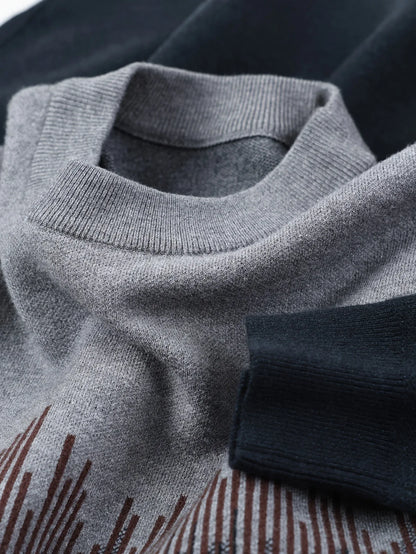 Men's Winter Warm Vertical Stripe Sweater - Dark Grey/Black Gradient Knit Pullover with Tapered Tail Hem, Casual & Outdoor Long Sleeve Round Neck Sweater for,, Office - All-Season Layering (Beige/White)