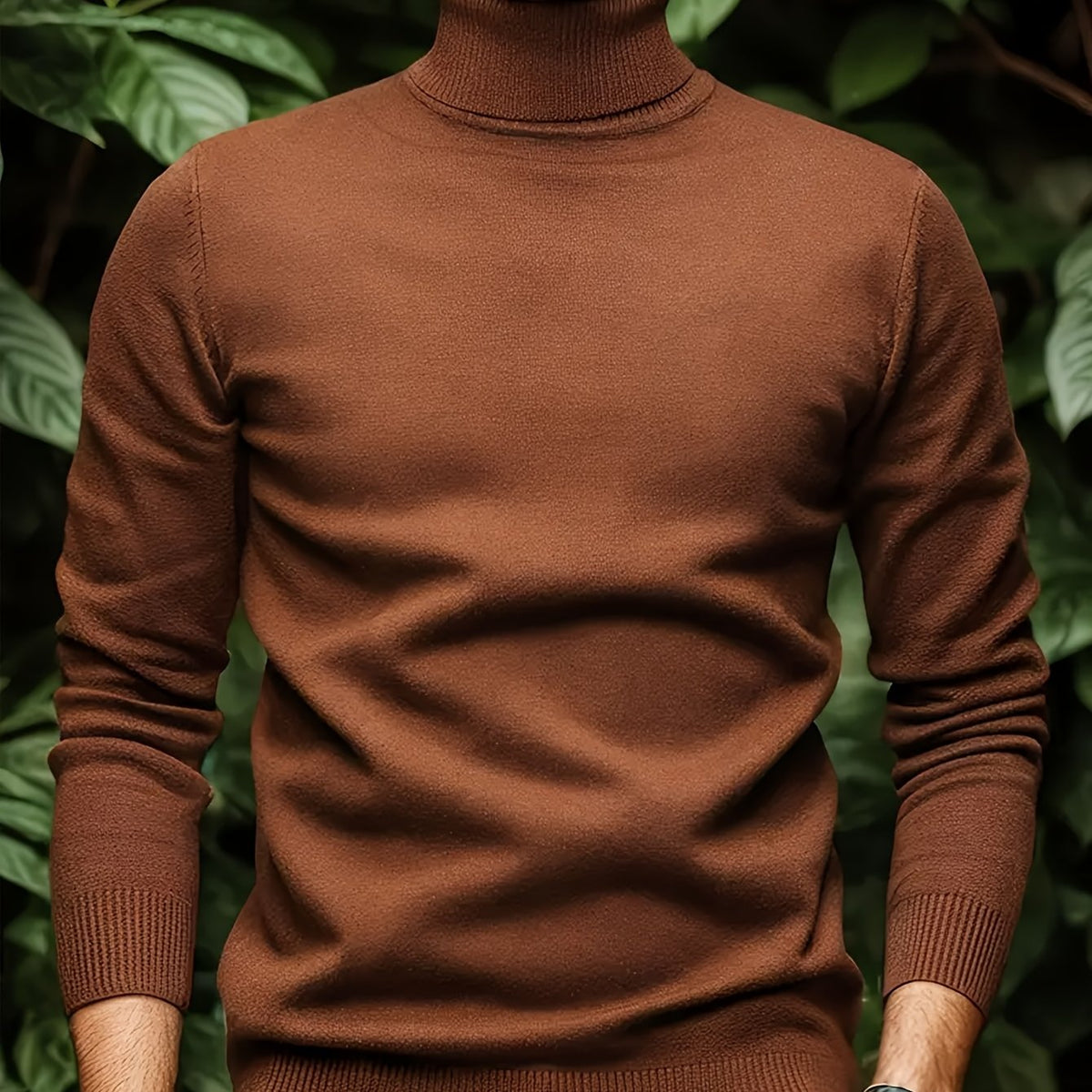 Cross-border New Autumn-Winter Men's Solid Color Turn- Collar Pullover Knit Sweater - Coffee Color / NZ 36
