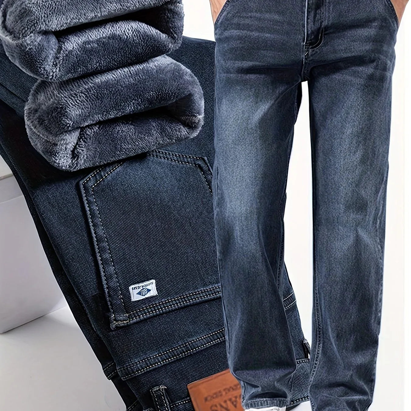 Winter New Arrival Fleece-Lined Thickened Minimalist Stretch blue trousers, long pants