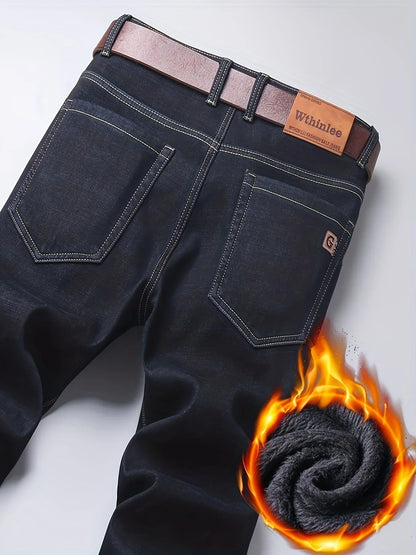 Men'S Heavy-Duty Thermal Faux Denim - Winter Warmth Thickened Pants with Straight-Leg Fit, Classic Blue Washed Look for Work, Casual & Formal Outfits - Non-Stretch Faux Denim for Cold Weather (Fall/Winter), Winter Faux Denim,