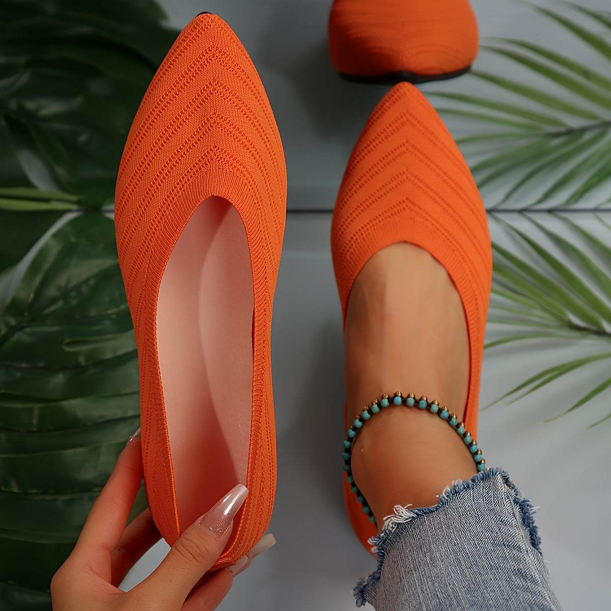 [Pointed Toe Breathable Flats] Women's Pointed Toe Flat Shoes, Solid Color Knitted Slip On Shoes, Casual Breathable Ballet Flats - Montero Milan