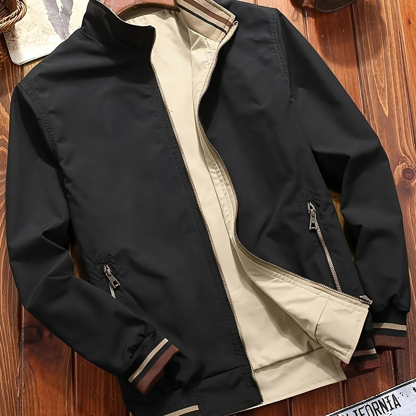 Men's Zip-Up Jacket with Stand Collar - Front Zipper Closure, Beige/ Navy Color Block, Lightweight Polyester Outer Coat for Casual & Formal Events - Machine Washable Everyday Outerwear