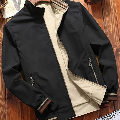 Men's Zip-Up Jacket with Stand Collar - Front Zipper Closure, Beige/ Navy Color Block, Lightweight Polyester Outer Coat for Casual & Formal Events - Machine Washable Everyday Outerwear