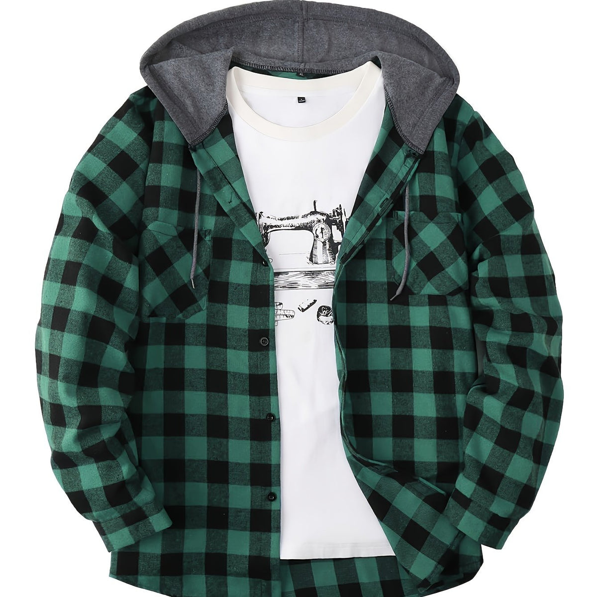 Men's Fashion Hooded Plaid Trendy Shirt Hooded Plaid Sweatshirt, Autumn/Winter Essentials, New Season - Dark Green / NZ 36