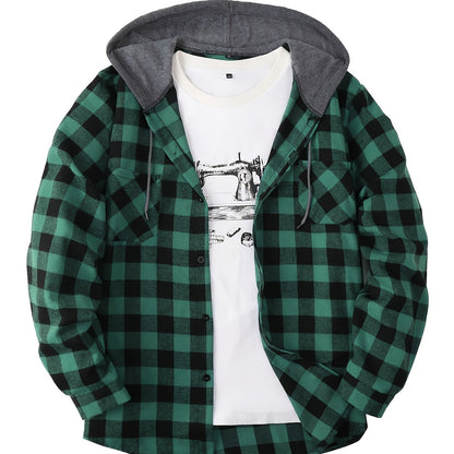 Men's Fashion Hooded Plaid Trendy Shirt Hooded Plaid Sweatshirt, Autumn/Winter Essentials, New Season - Dark Green / NZ 36