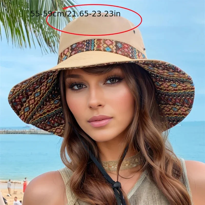 2-Way Adjustable Women's Bohemian Embroidered Sun Hat - Wide Brim Windproof Fisherman Hat with Vibrant Geometric Patterns, All-Season Outdoor Travel & Hiking Accessory for Beach, Mountaineering, Tourism, Fishing Hat, Mountain