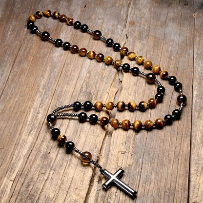 1pc Natural Tiger Eye Round Bead Long Chain Necklace with Hematite Cross Rosary Beads, Men's Jewelry for Spiritual Style - Montero Milan