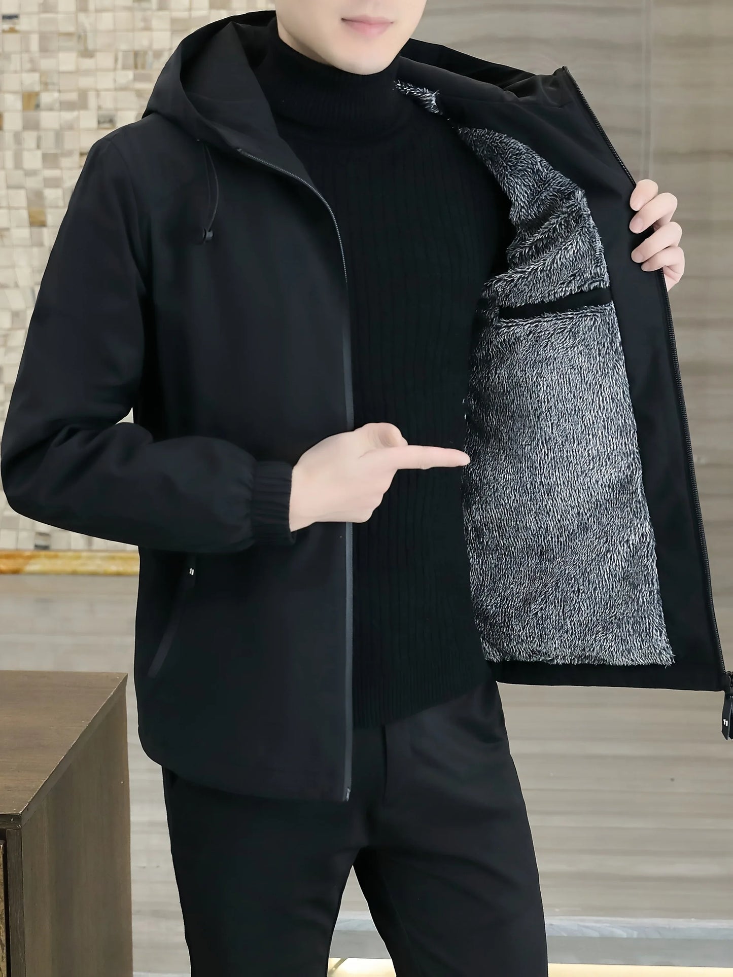 Men'S Heavy-Duty Fleece Jacket - Windproof Zip-Up Coat with Full-Zip Closure, Hooded Winter Coat for Cold Weather, Non-Stretch Fabric for Everyday & Formal Events
