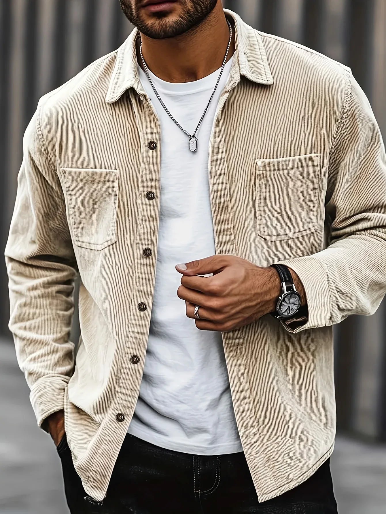 Men'S Corduroy Casual Shirt Jacket - Classic Collar, Button-Up Long Sleeve with Double Chest Pockets, Light Blue, Perfect for Spring & Fall, Everyday Fashion, Street Style, and Office Wear