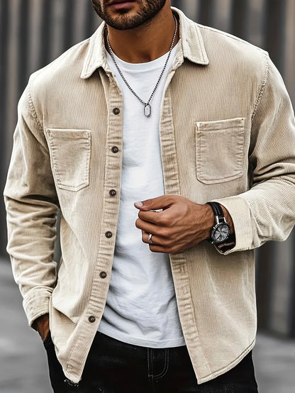 Men'S Corduroy Casual Shirt Jacket - Classic Collar, Button-Up Long Sleeve with Double Chest Pockets, Light Blue, Perfect for Spring & Fall, Everyday Fashion, Street Style, and Office Wear