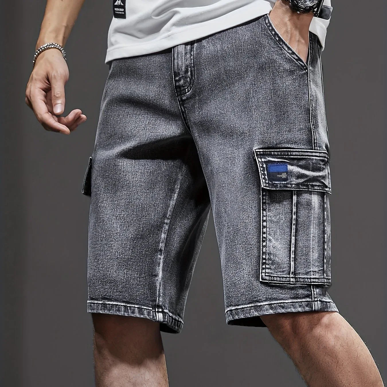 Men's Stretch Denim Shorts - Multi-Pocket Casual Streetwear with Knee-Length, Machine Washable Everyday & Formal Shorts for Urban Outfits - Non-See-Through Denim Construction