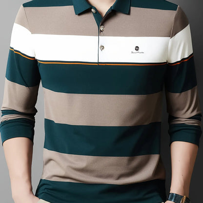 Men'S Long Sleeve Shirt - Formal & Casual Button-Up Shirt with Dark Green & Beige Horizontal Stripes, Button-Front Placket, Non-Stretch Fabric for Office, Golf, Casual Attire - Spring/Fall Wardrobe Essential, Spring Fashion,